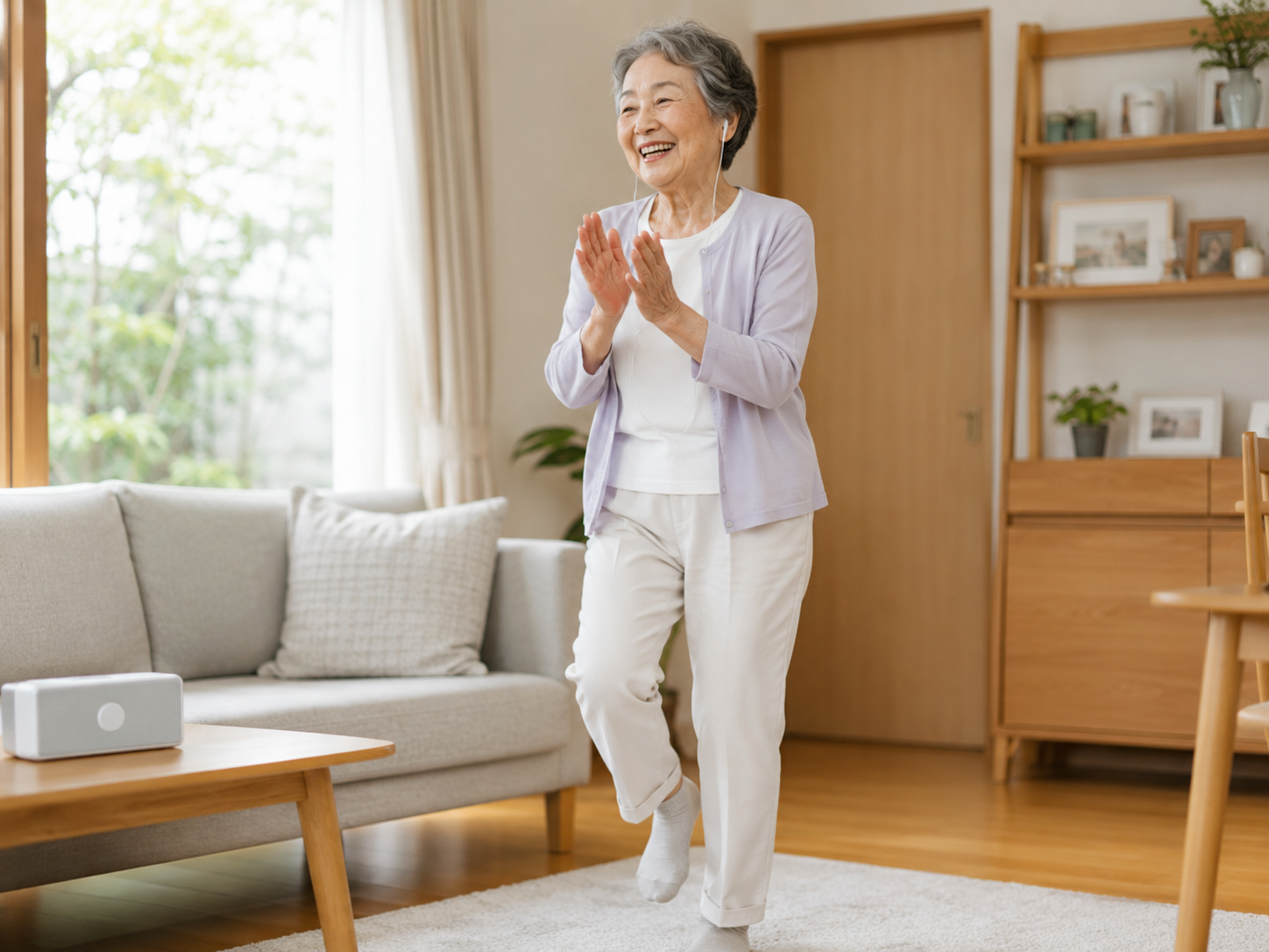 高齢者が音楽に合わせて手拍子や足踏みを楽しんでいる様子