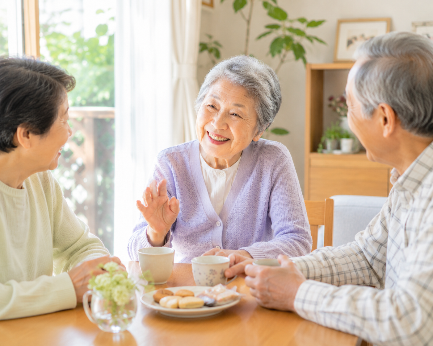 高齢者が家族に明るく声をかけて心のつながりを大切にしている様子