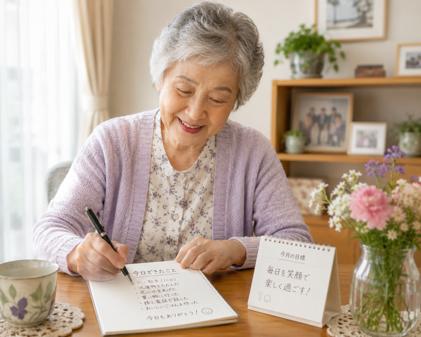 高齢者が今日できたことをメモして前向きに暮らしている様子