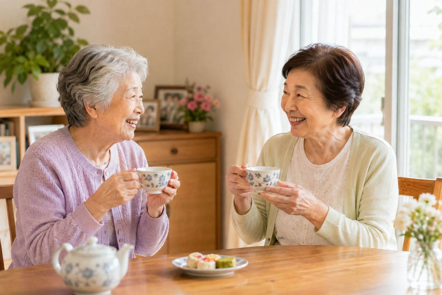 高齢者が思い出を話しながら今日の元気につなげている様子