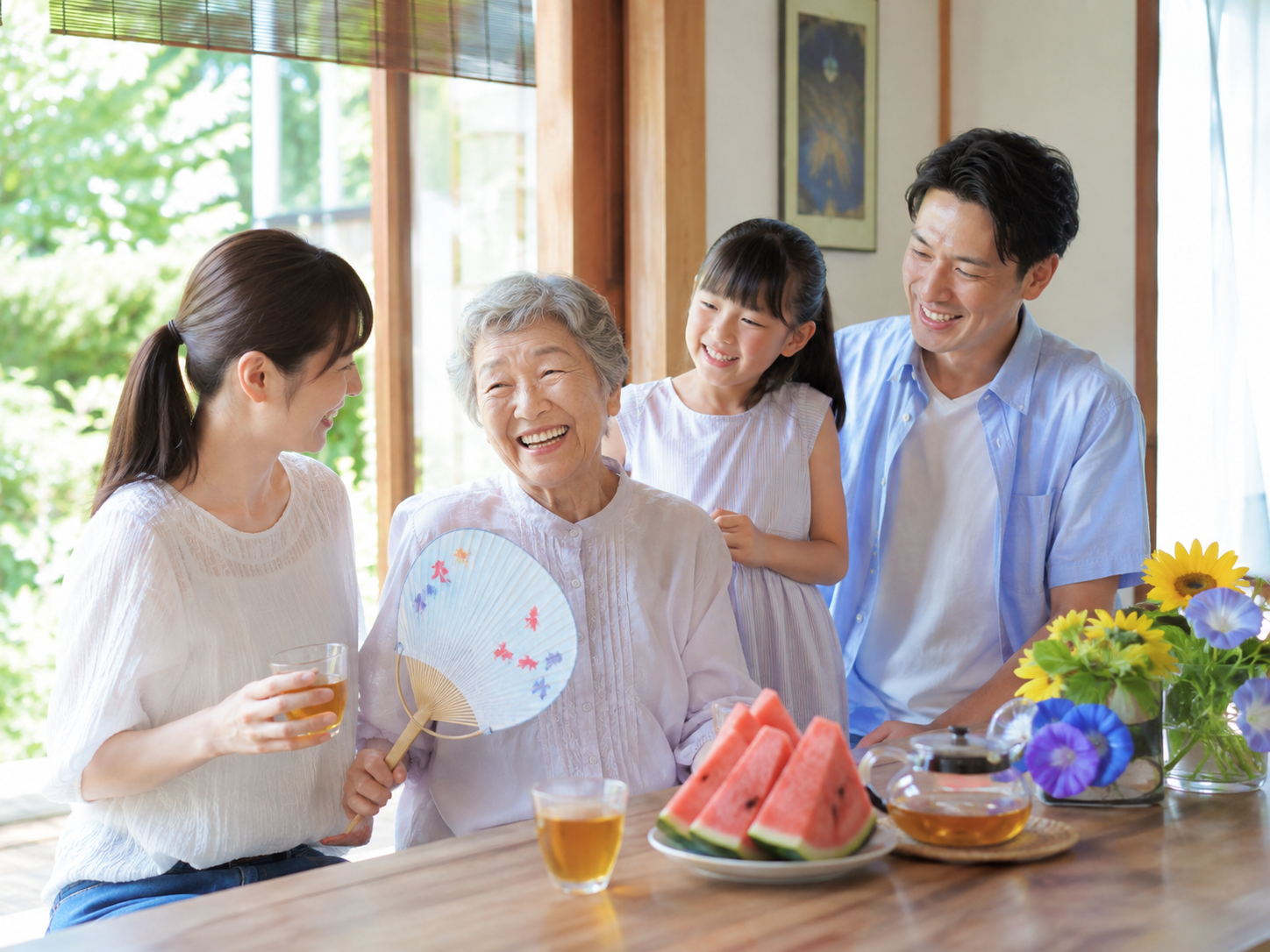 高齢者が季節の話題で家族と楽しく会話している様子
