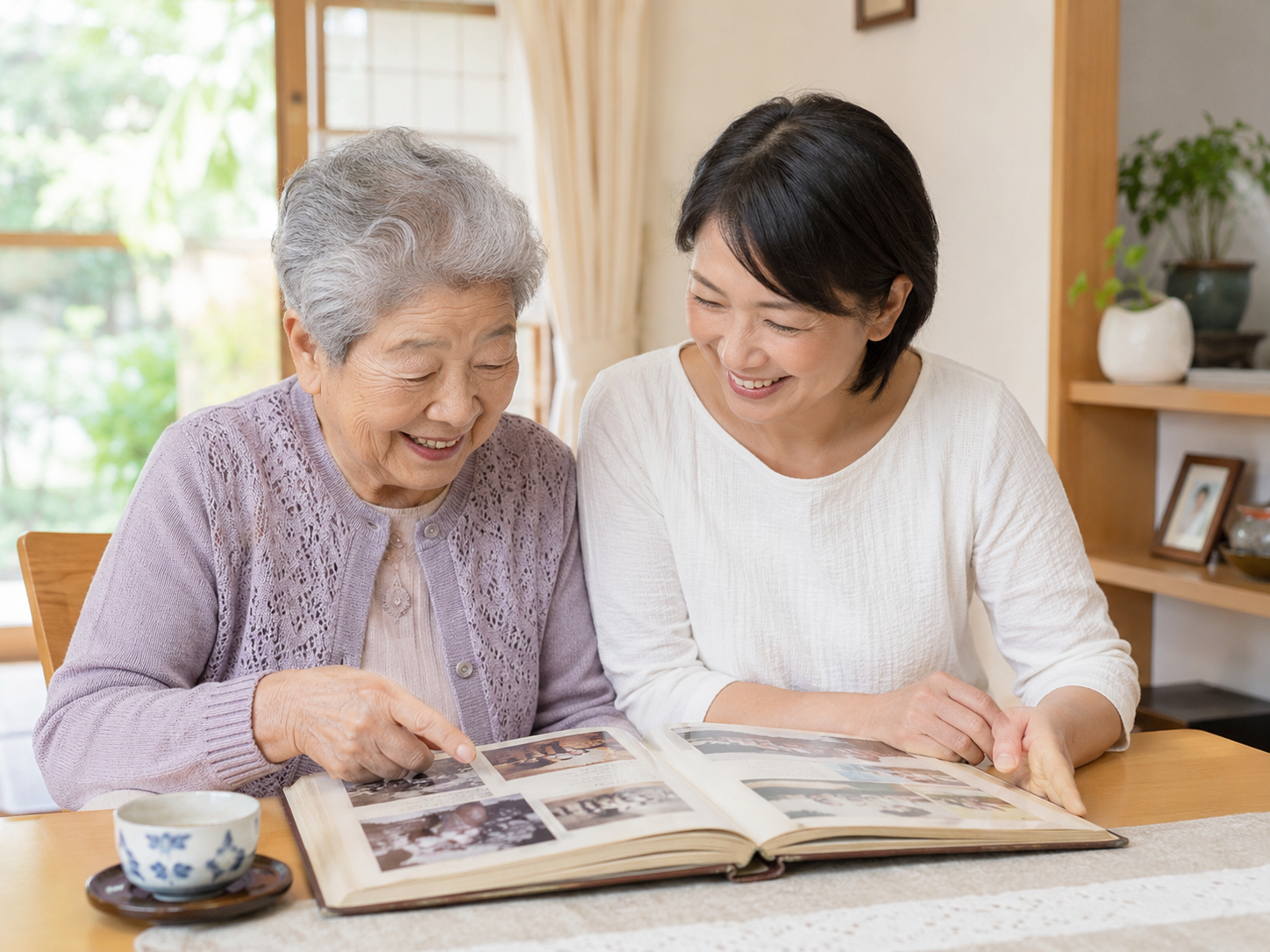 高齢者が好きだった場所の思い出を家族と話している様子