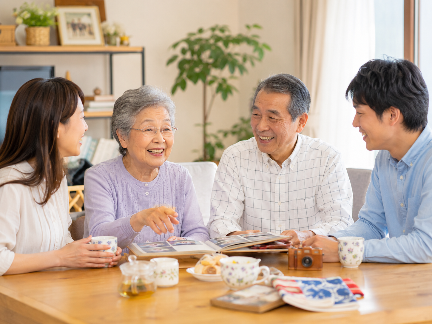 100歳まで元気で明るく健やかに暮らすために思い出を話す高齢者