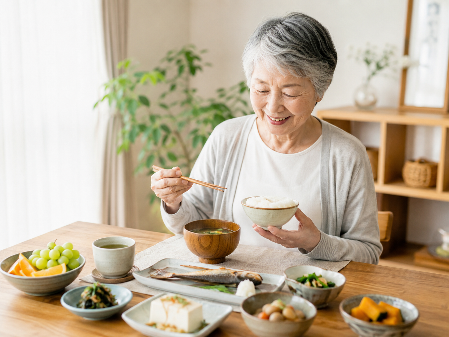 高齢者が旬の食べ物を楽しみながら元気な暮らしを意識している様子