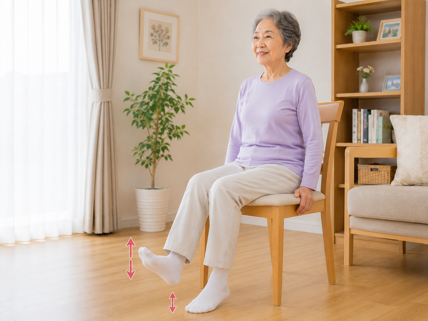 高齢者が椅子に座って無理なく足首を動かしている様子