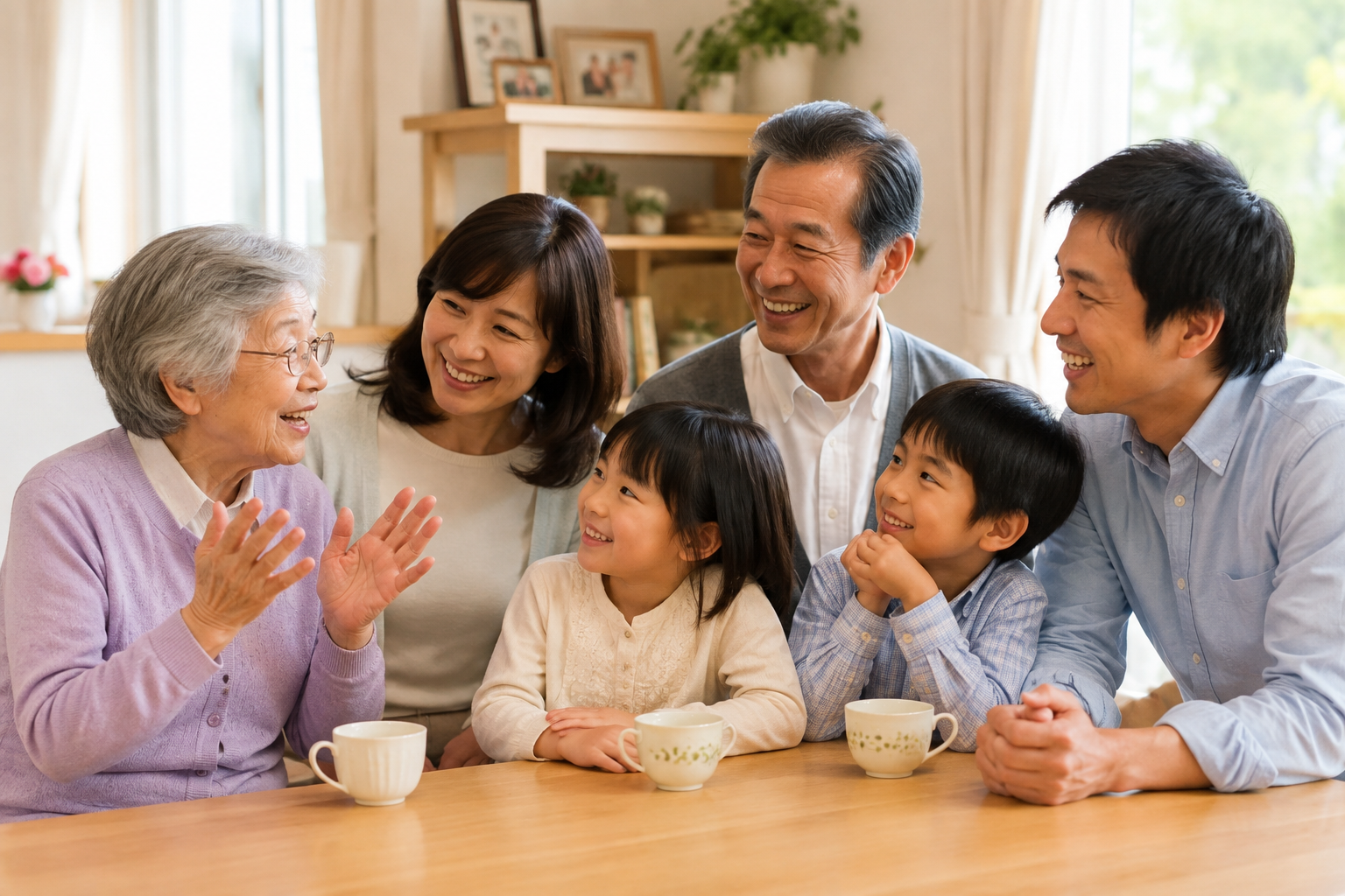 高齢者が家族に昔の話をして楽しく会話している様子