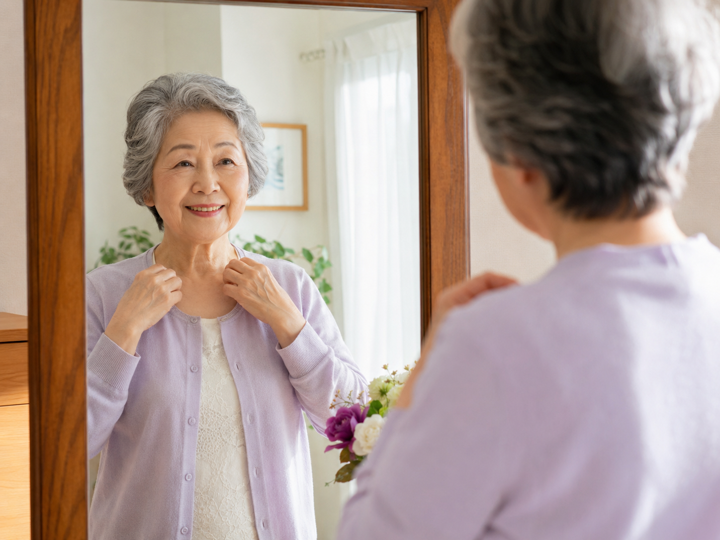 高齢者が朝に鏡を見て身だしなみを整えている様子