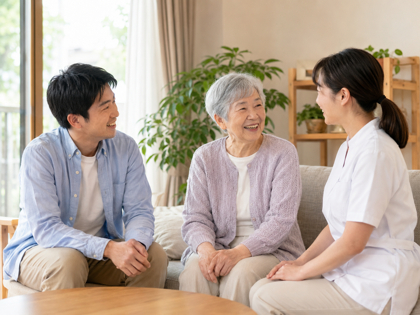 高齢者が外出や歩く不安について家族や専門家に相談している様子