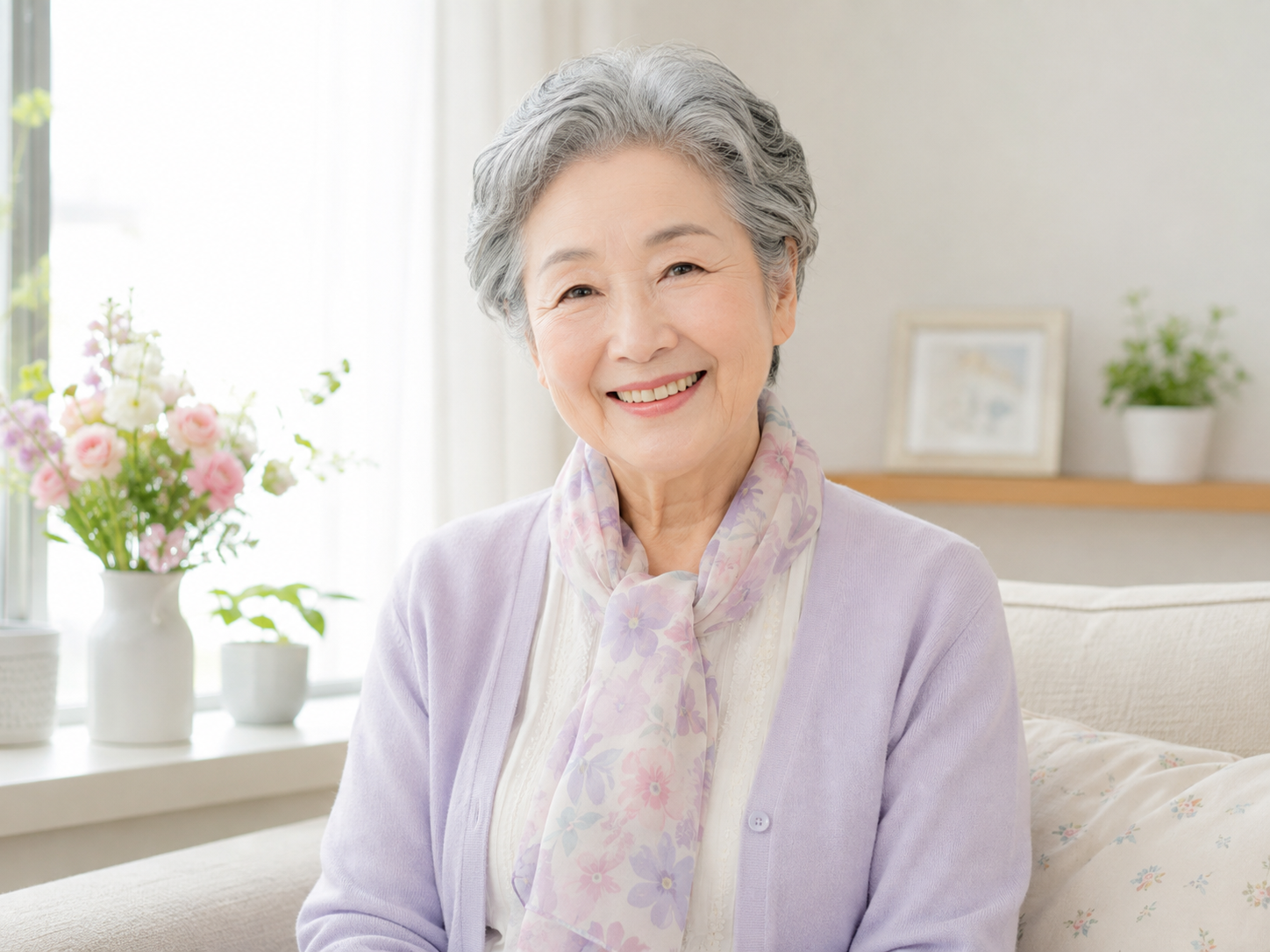 高齢者が好きな色の服を身につけて明るく過ごしている様子