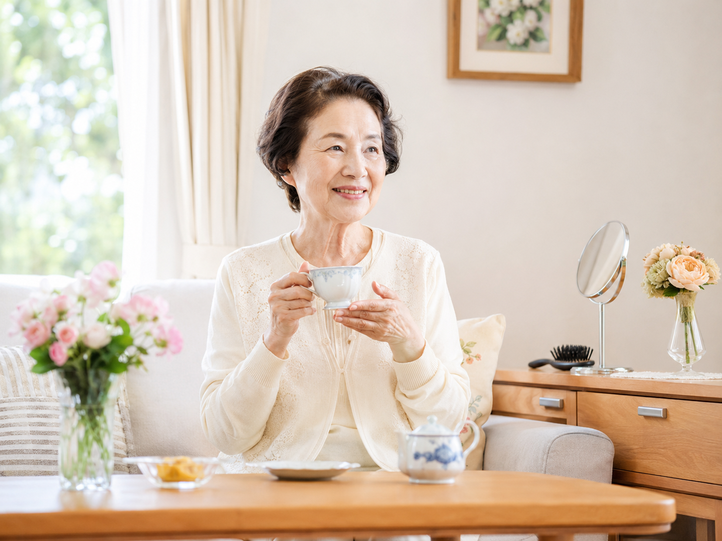 高齢者が外出しない日も自宅で身だしなみを整えて過ごしている様子