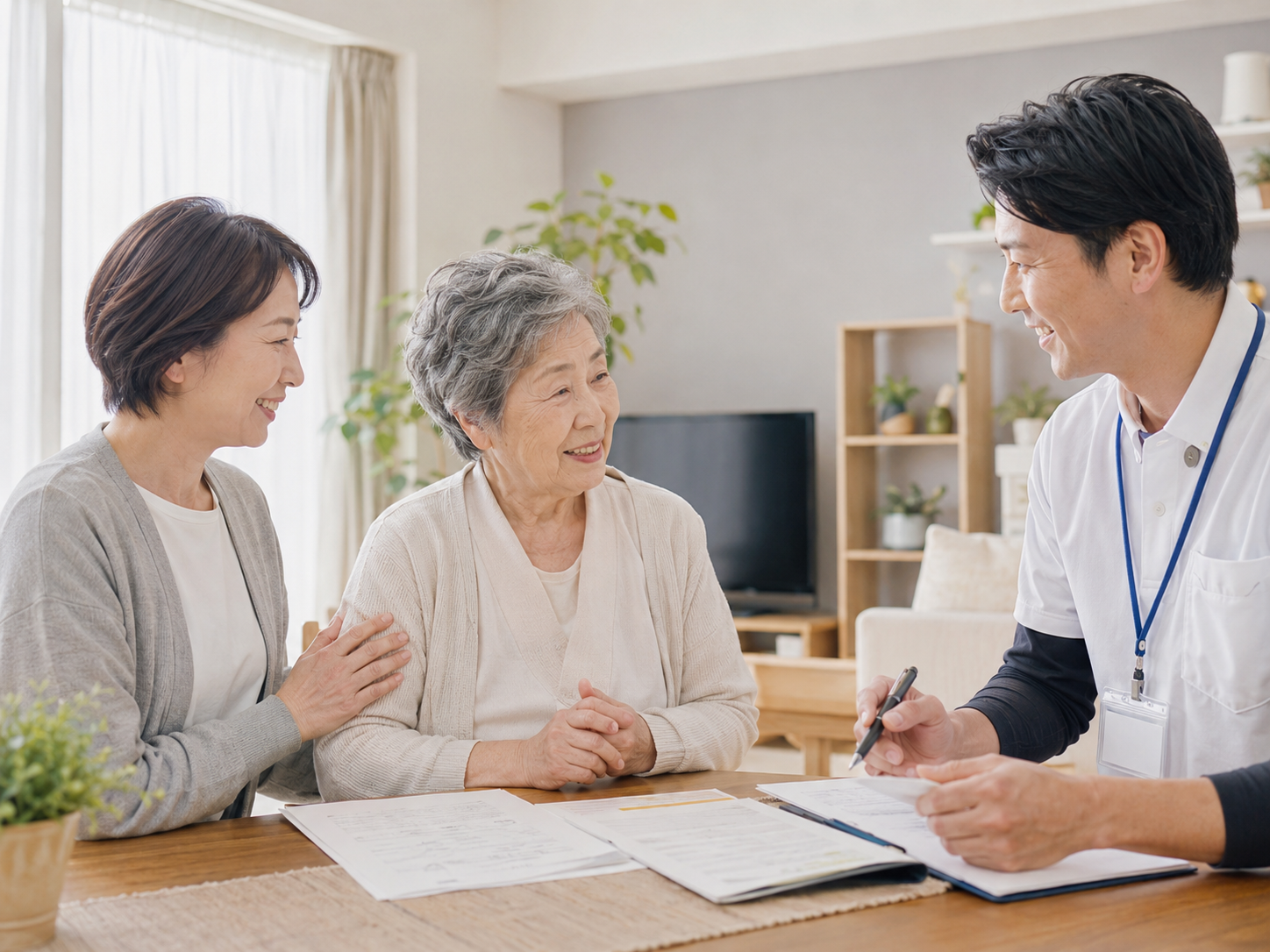 高齢者が家族や専門家に早めに相談して安心して過ごしている様子