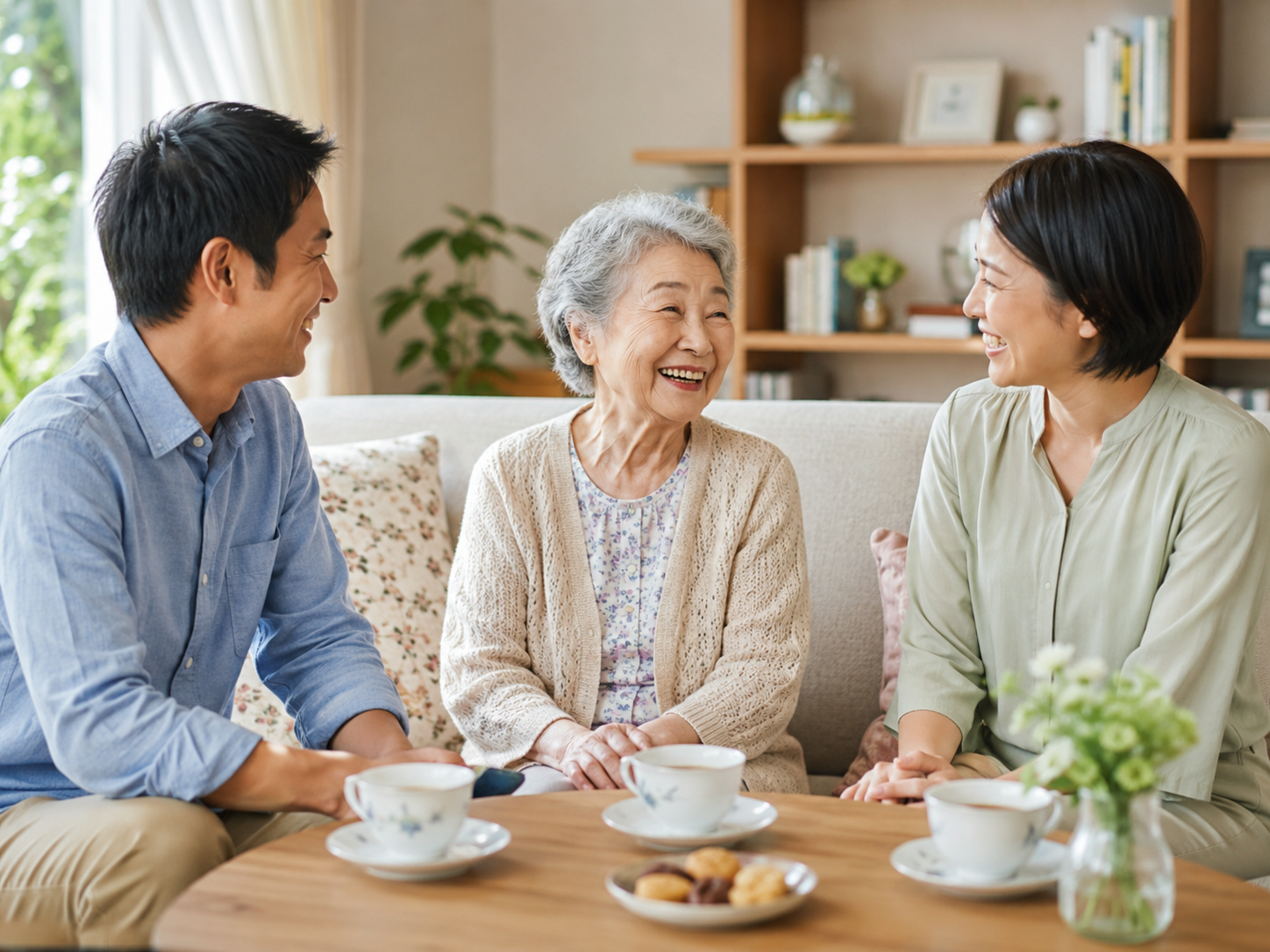 高齢者が笑顔で家族と会話を楽しんでいる様子
