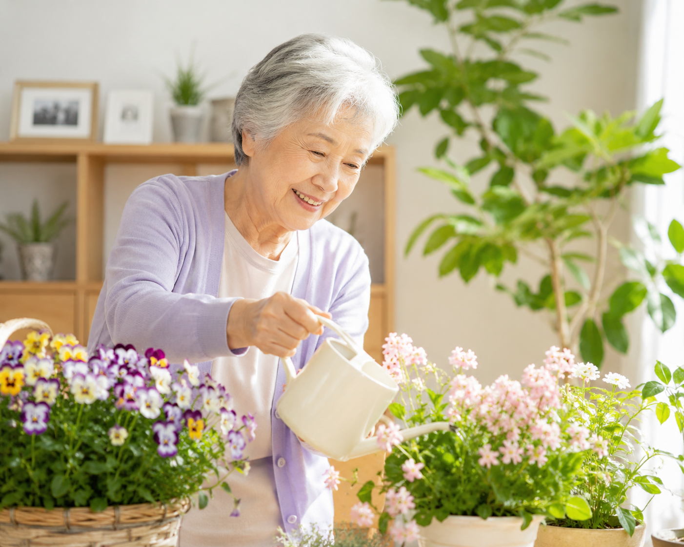 高齢者が花や緑を眺めて季節を感じながら明るく過ごしている様子