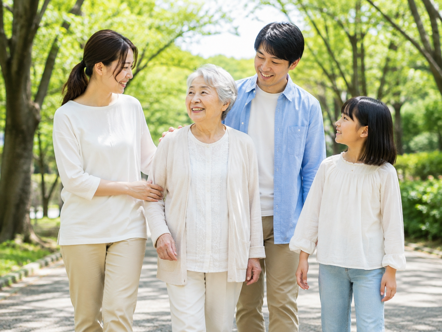 高齢者が家族と明るい未来を楽しんでいる様子