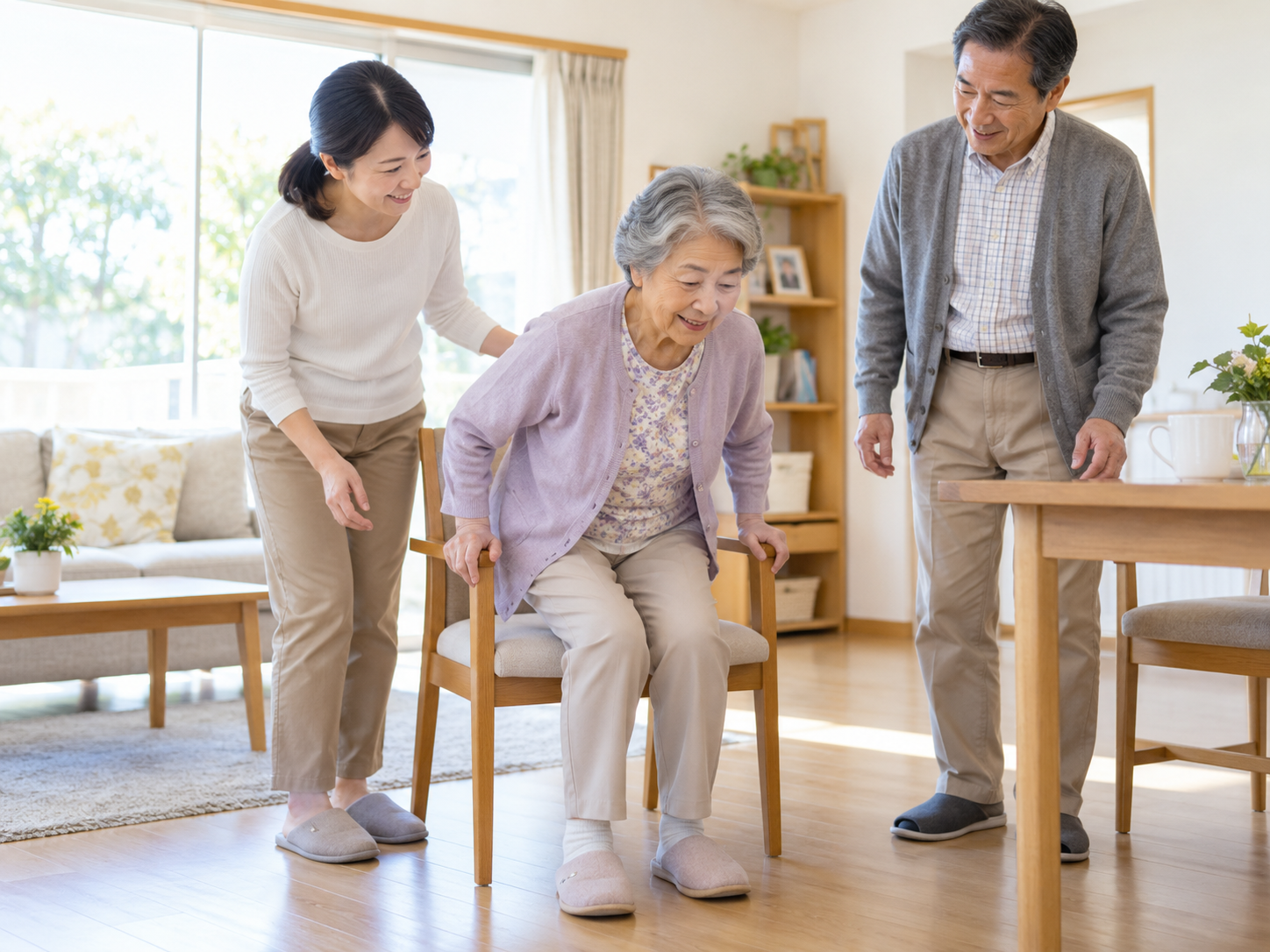高齢女性が安全に気をつけながら椅子から立ち上がる様子